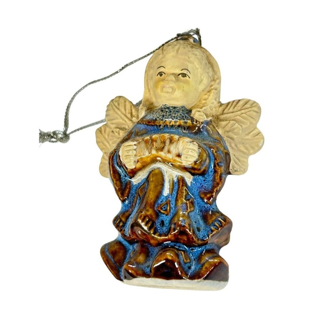 Stoneware Angel Ornament Holiday‎ Christmas Blue Dress Accordian 2.5"h
